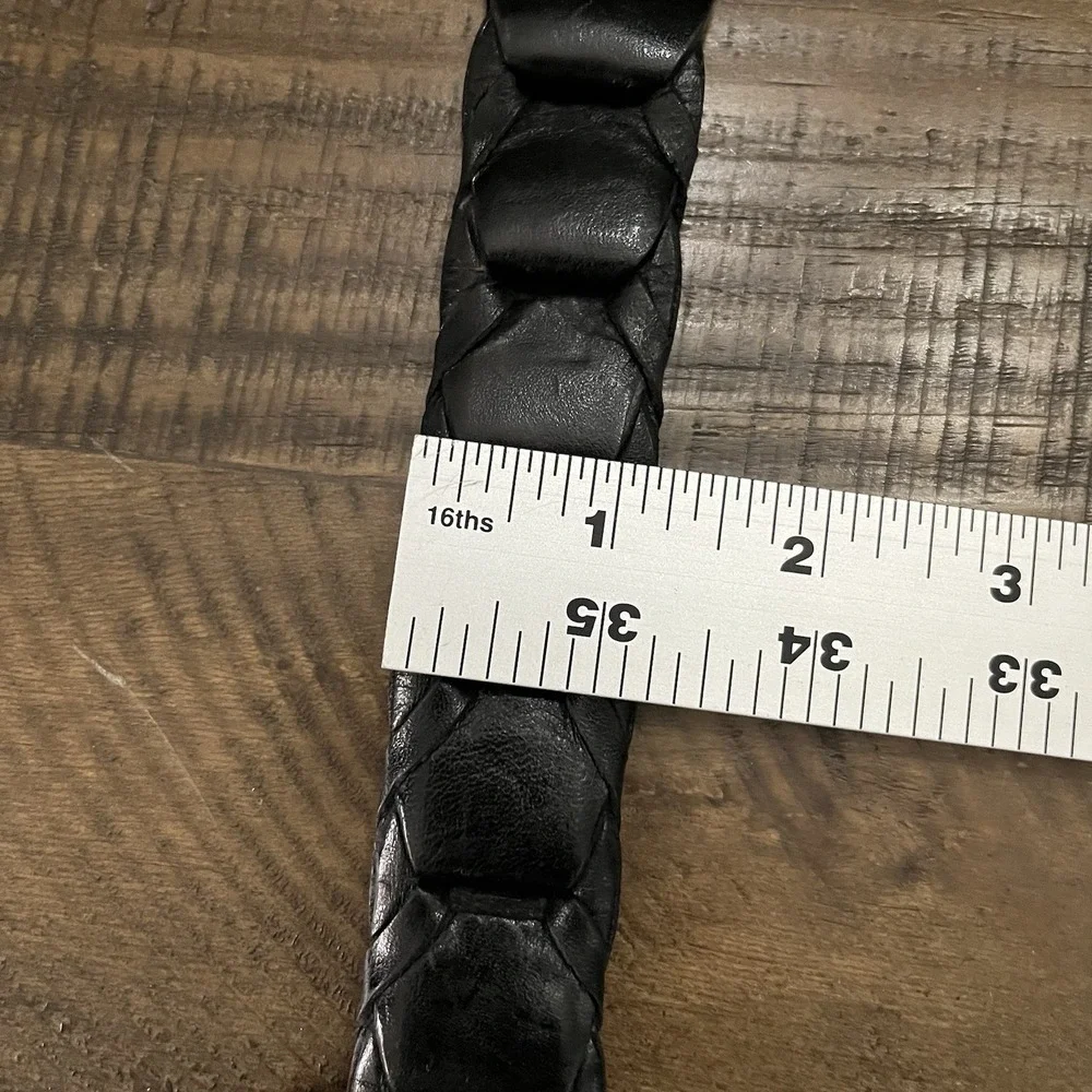 Braided Leather Folded Belt Men's Sz 38 Black Silver Buckle‎